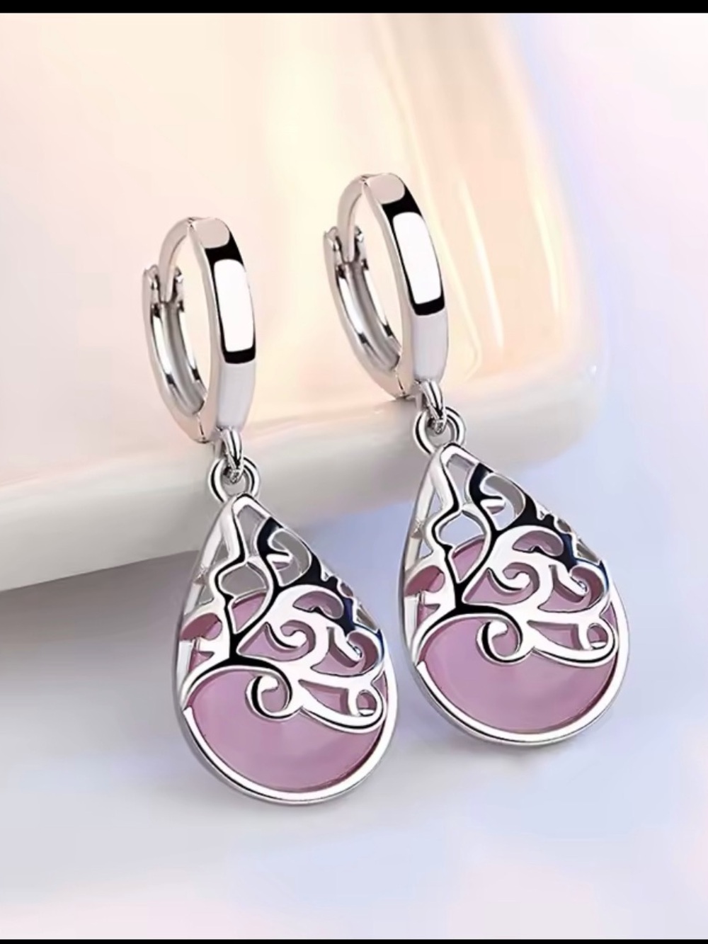 925 Sterling Silver Teardrop Filigree Pink Drop Earrings NEW